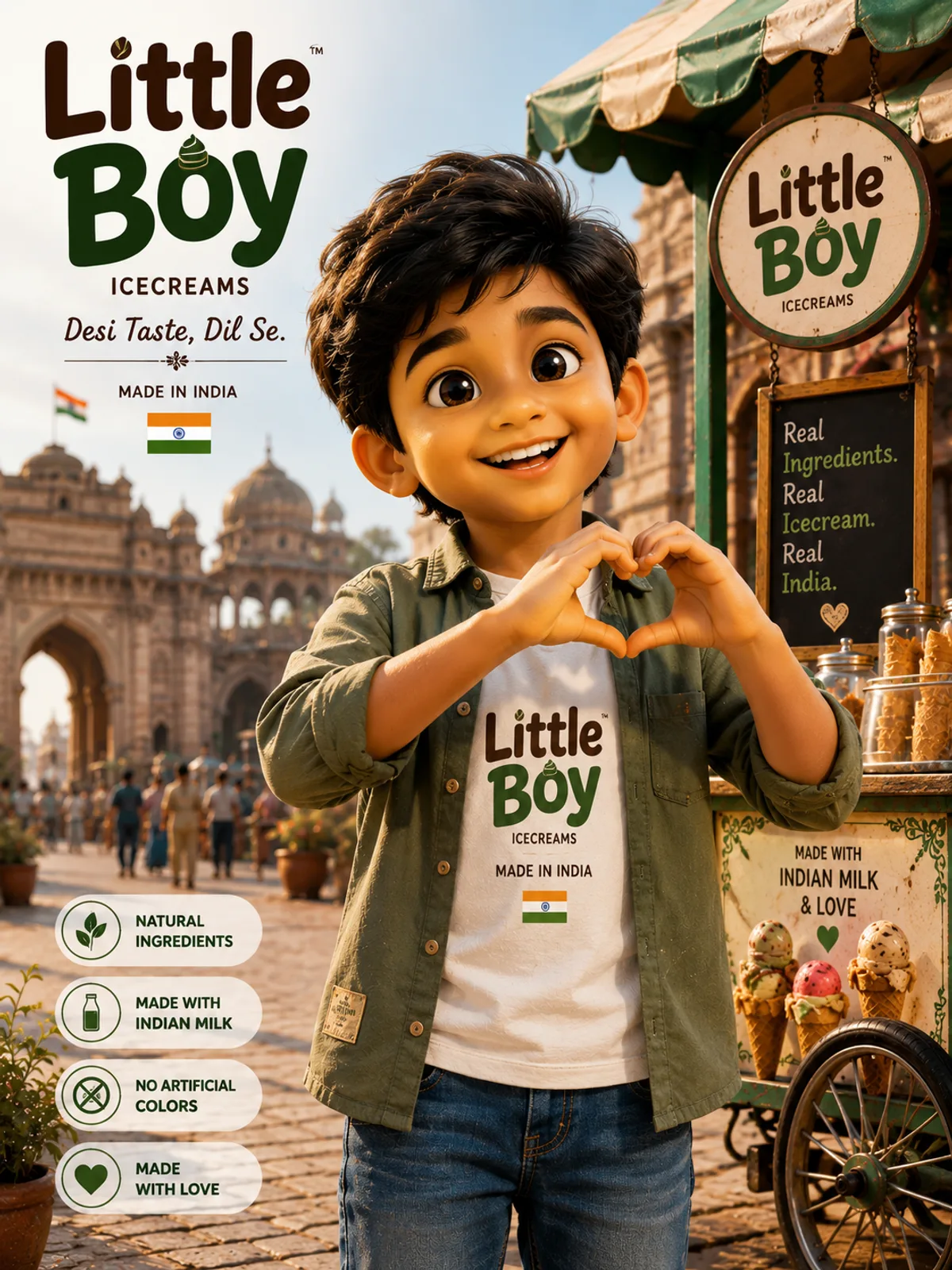 Little Boy Icecreams brand artwork — the boy, the cart and the four promises on the pack