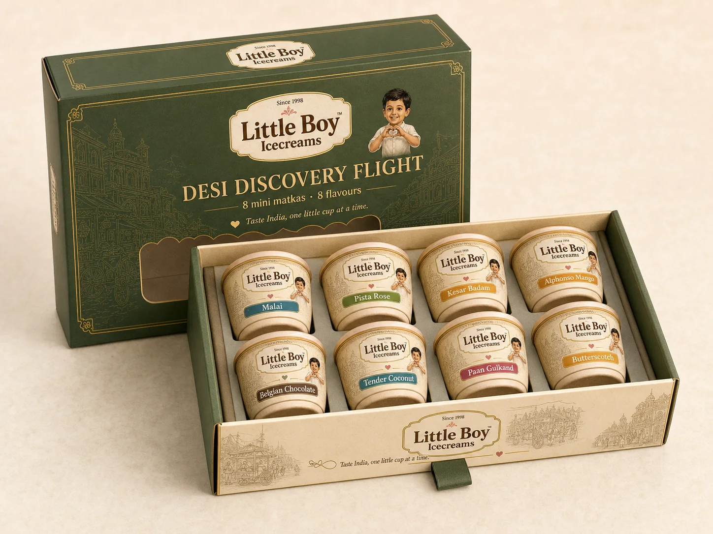 Little Boy Desi Discovery Flight drawer box with eight branded mini matka cups