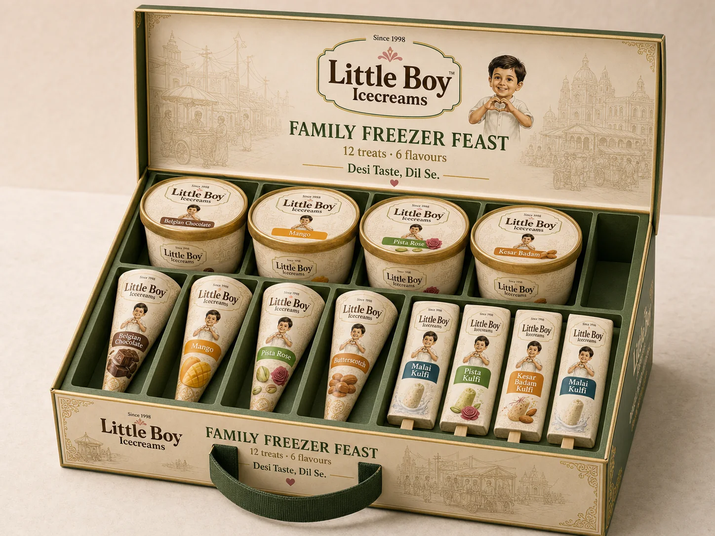 Little Boy Family Freezer Feast branded carry case with tubs, cones and kulfi sticks
