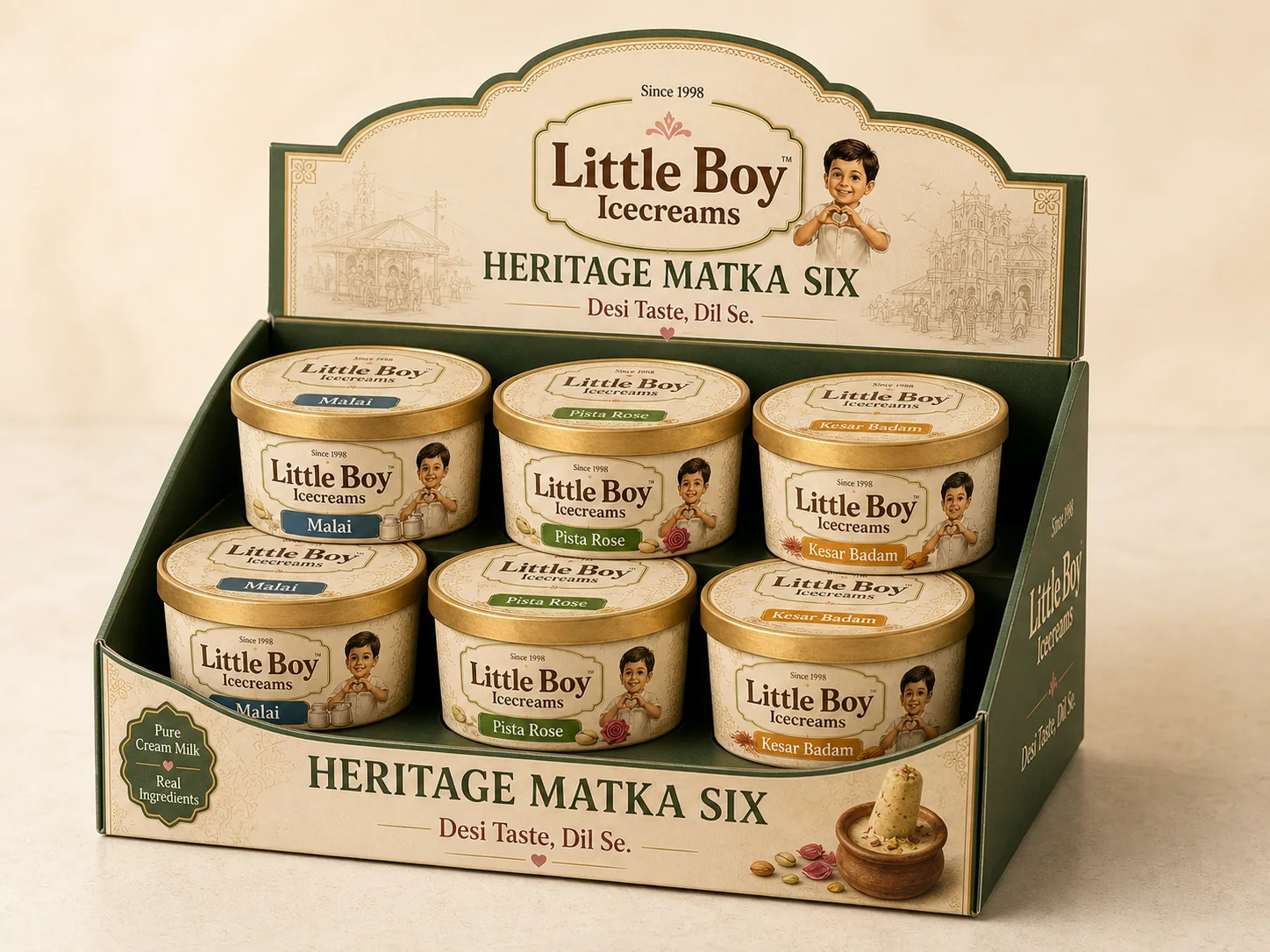 Little Boy Heritage Matka Six branded display case with six sealed cups