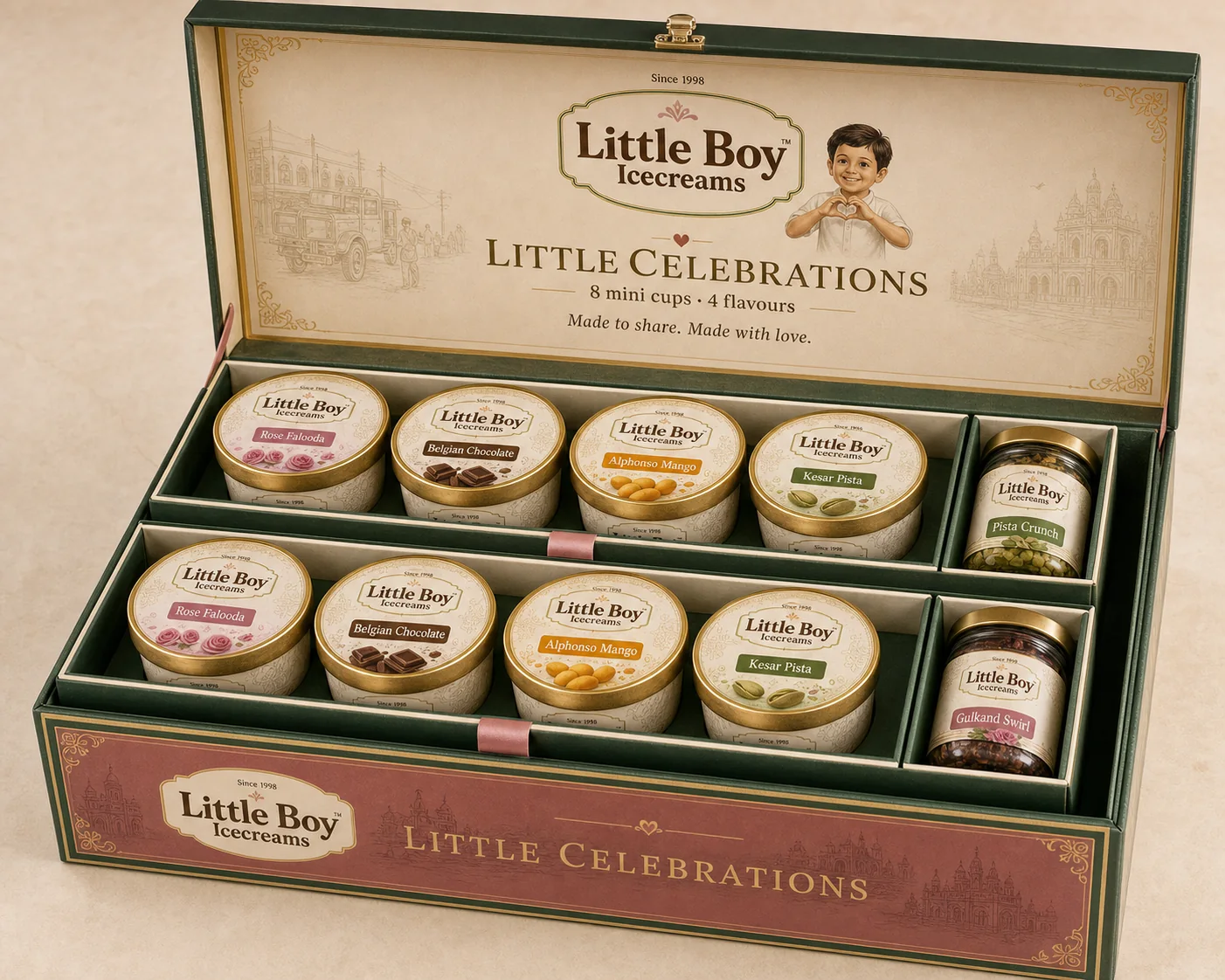 Little Boy Little Celebrations branded gift chest with eight mini cups and two topping jars